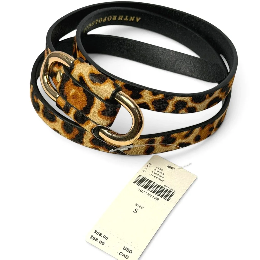 Anthropologie Blake Skinny Belt S NWT Cheetah Leopard Calf Hair Gold Modern